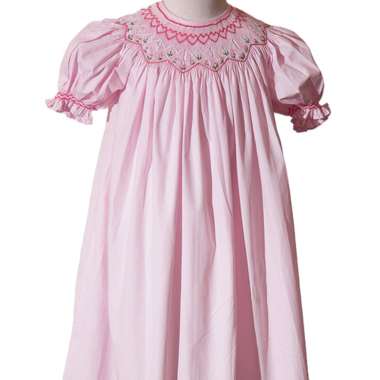 Light Pink Geometric Smocked with Flowers Short Bishop Sleeve Dress