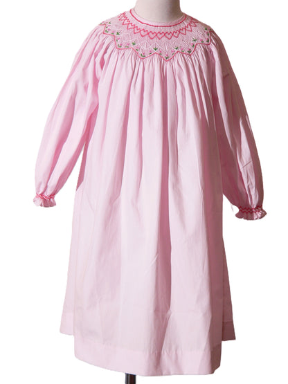 Light Pink Geometric Smocked with Flowers Long Bishop Sleeve Dress