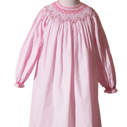 Light Pink Geometric Smocked with Flowers Long Bishop Sleeve Dress