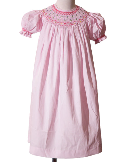Light Pink Geometric Smocked with Flowers Short Bishop Sleeve Dress