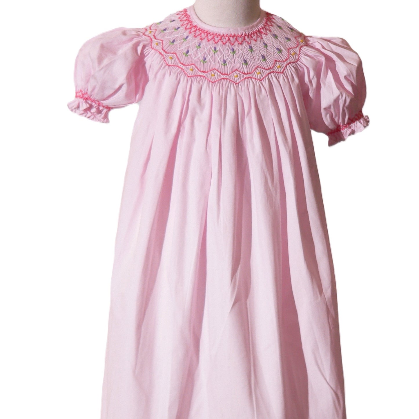 Light Pink Geometric Smocked with Flowers Short Bishop Sleeve Dress