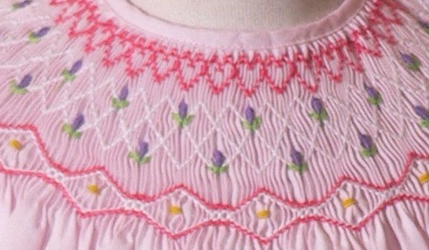 Light Pink Geometric Smocked with Flowers Short Bishop Sleeve Dress