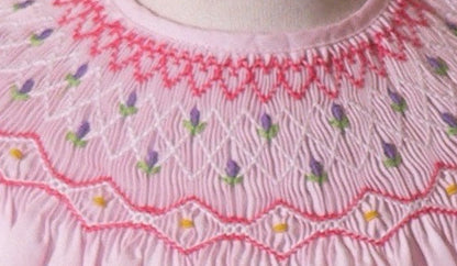 Light Pink Geometric Smocked with Flowers Short Bishop Sleeve Dress