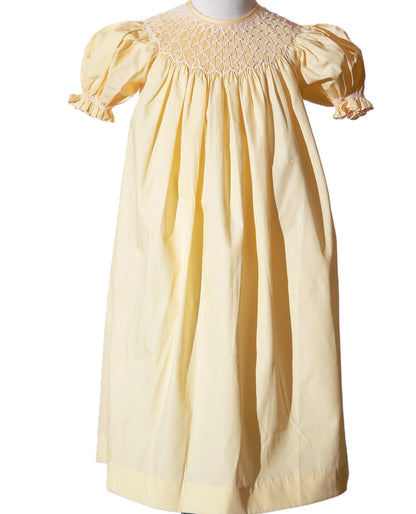 Yellow Geometric Smocked With Pearls Short Sleeve Bishop Dress