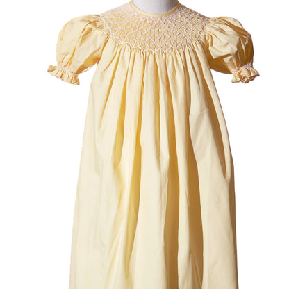 Yellow Geometric Smocked With Pearls Short Sleeve Bishop Dress