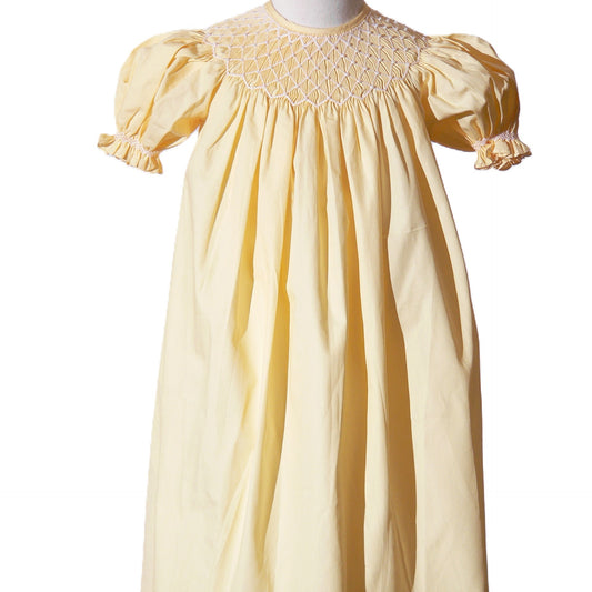Yellow Geometric Smocked With Pearls Short Sleeve Bishop Dress