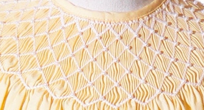 Yellow Geometric Smocked With Pearls Short Sleeve Bishop Dress