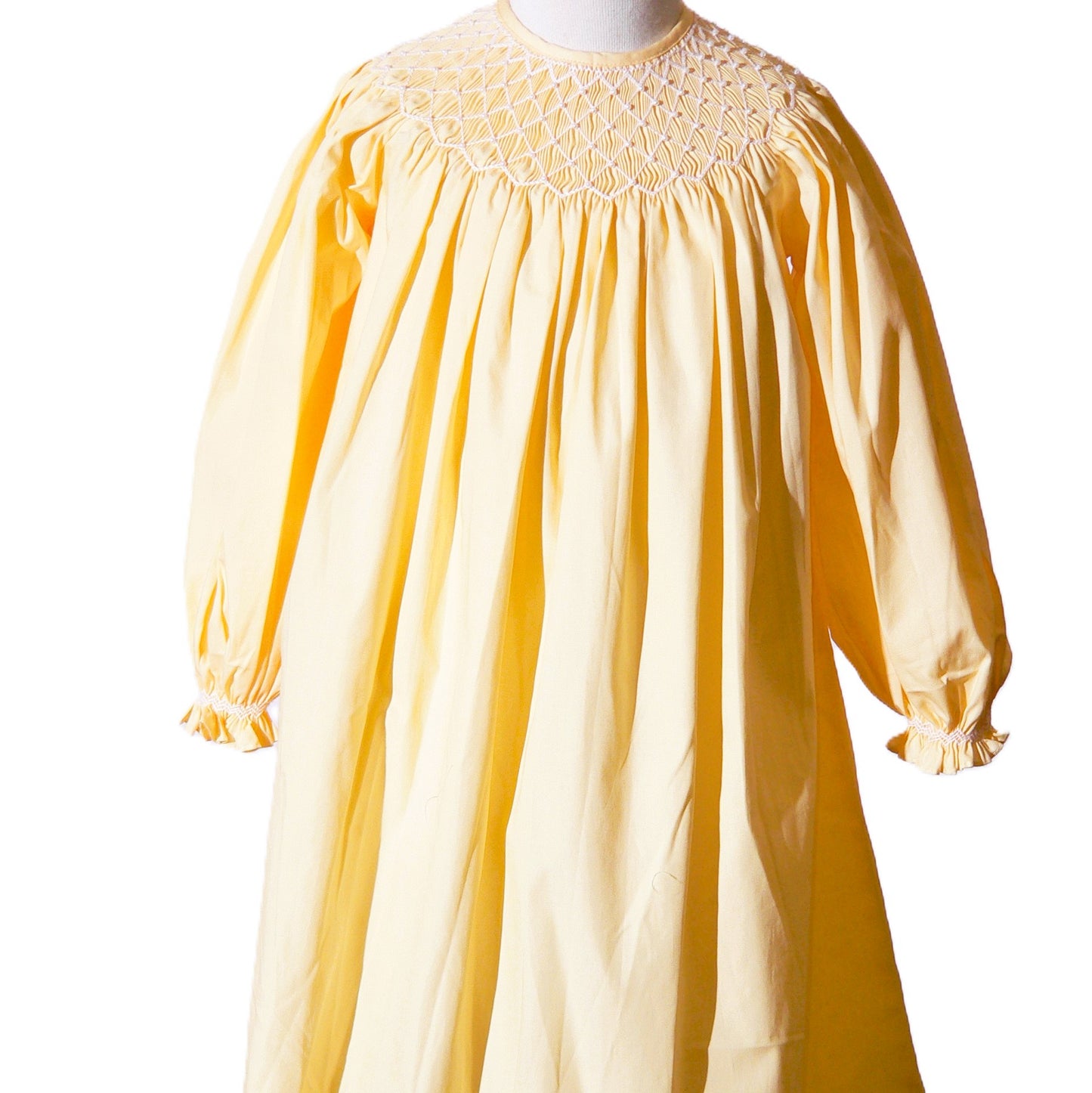 Yellow Geometric Smocked With Pearls Long Sleeve Bishop Dress