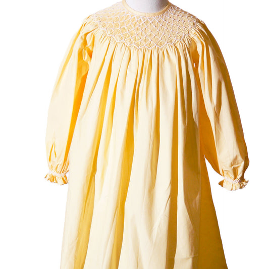 Yellow Geometric Smocked With Pearls Long Sleeve Bishop Dress