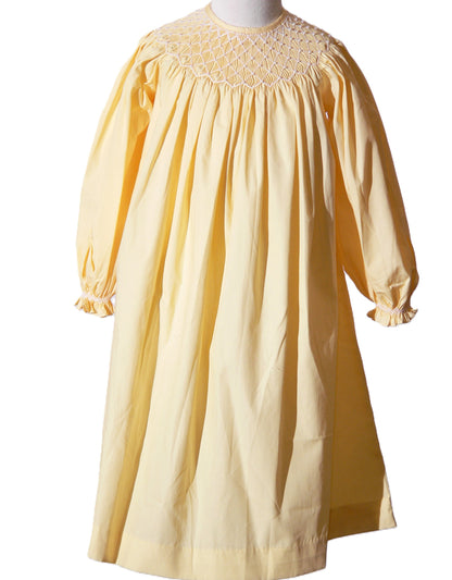 Yellow Geometric Smocked With Pearls Long Sleeve Bishop Dress
