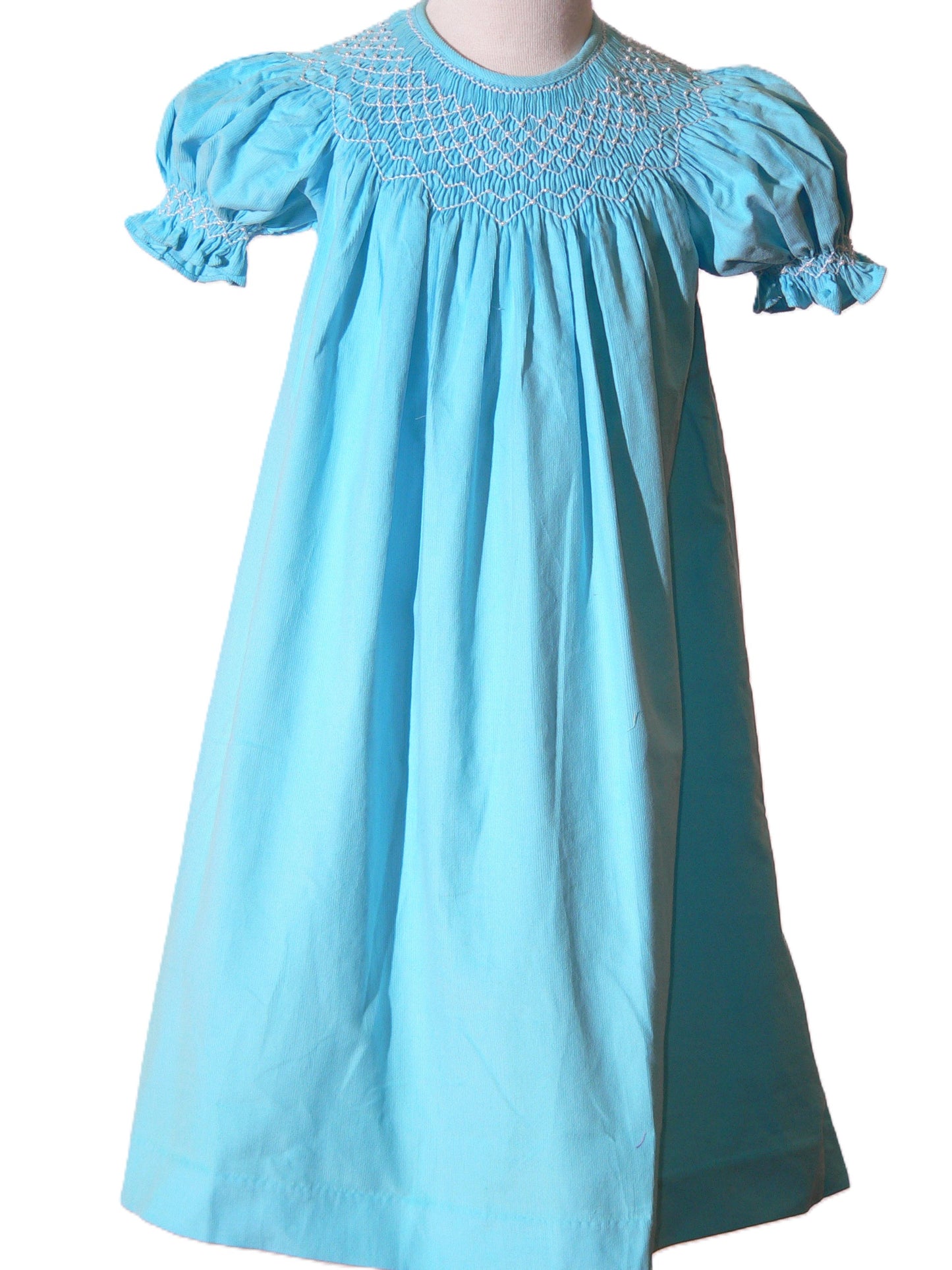 Blue Corduroy Geo Smocked With Pearls Short Sleeve Bishop Dress