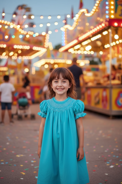 Blue Corduroy Geo Smocked With Pearls Short Sleeve Bishop Dress