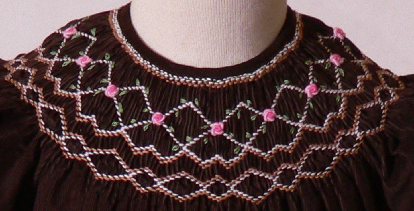 Chocolate Brown Corduroy Geo Smocked Short Sleeve Bishop Dress