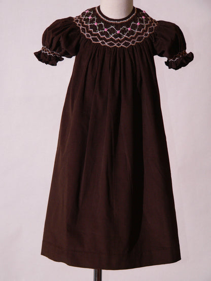 Chocolate Brown Corduroy Geo Smocked Short Sleeve Bishop Dress