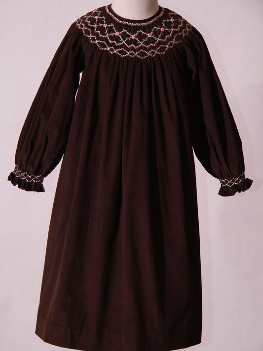 Chocolate Brown Corduroy Geo Smocked Long Sleeve Bishop Dress