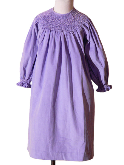 Purple Corduroy Geo Smocked With Pearls Long Sleeve Bishop Dress