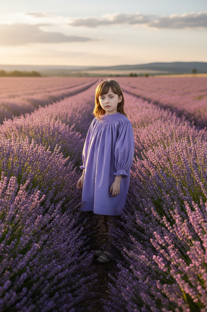 Purple Corduroy Geo Smocked With Pearls Long Sleeve Bishop Dress