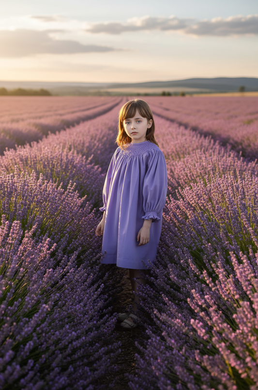 Purple Corduroy Geo Smocked With Pearls Long Sleeve Bishop Dress