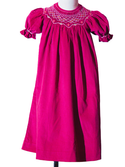 Hot Pink Corduroy Geo Smocked Long Sleeve  Bishop Dress With Flowers