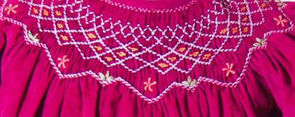 Hot Pink Corduroy Geo Smocked Long Sleeve  Bishop Dress With Flowers