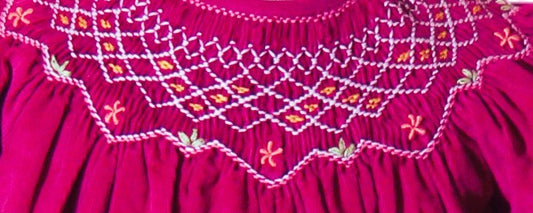 Hot Pink Corduroy Geo Smocked Long Sleeve  Bishop Dress With Flowers