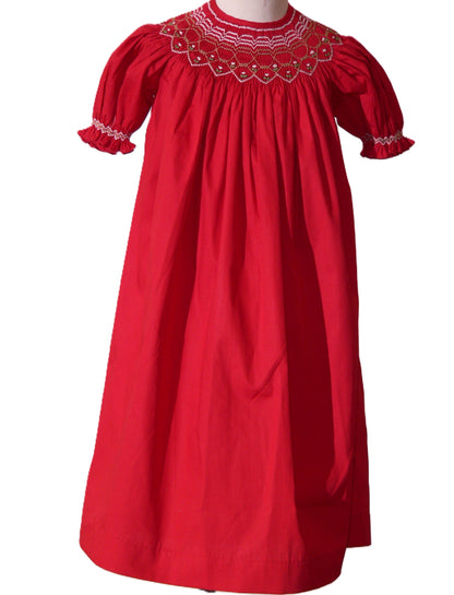 Red Geometric Smocked With Short Bishop Sleeve Dress