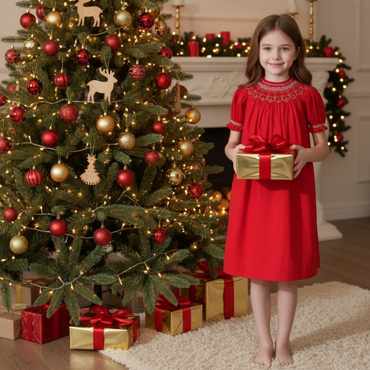 Red Geometric Smocked With Short Bishop Sleeve Dress
