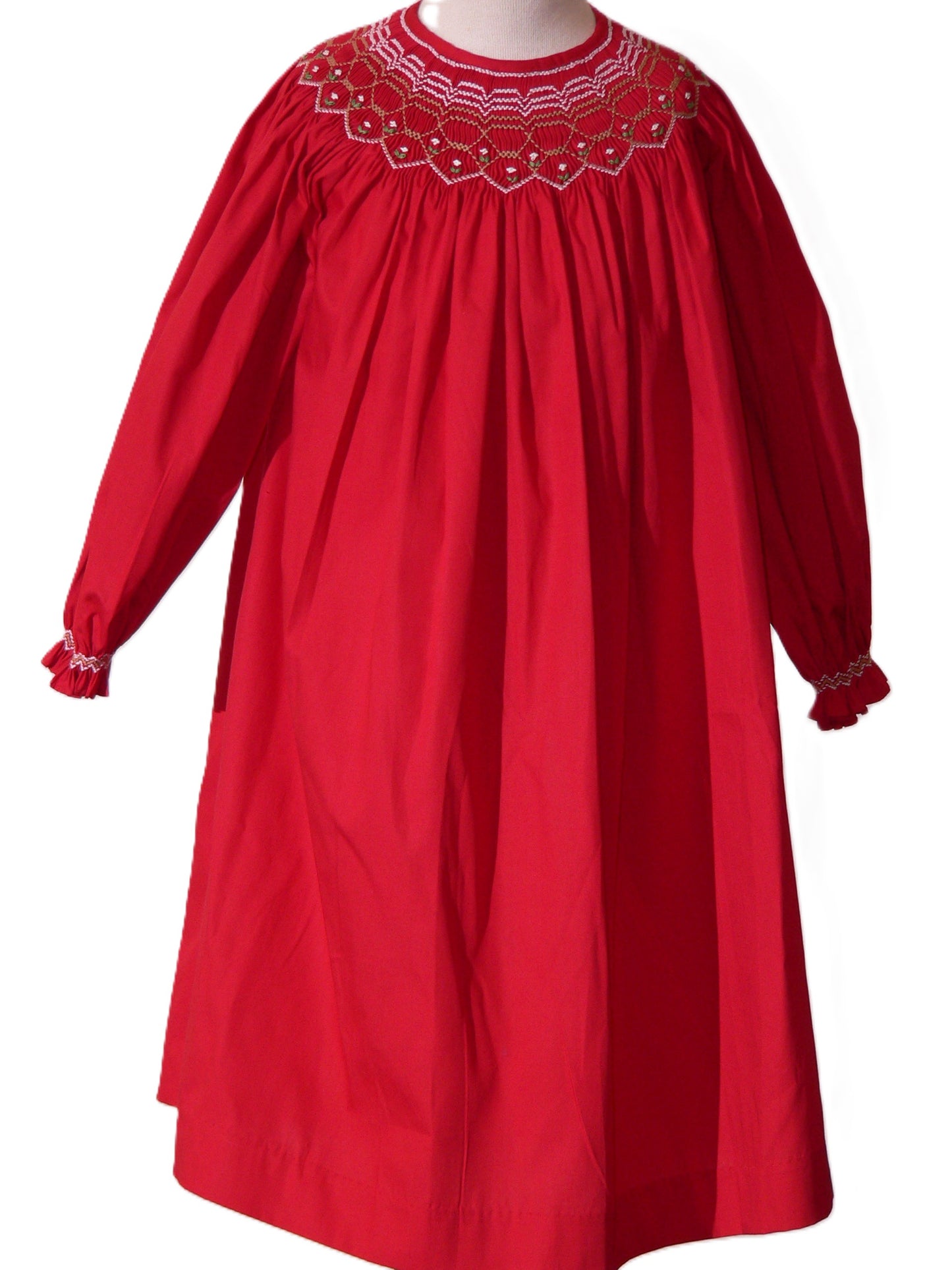 Red Geometric Smocked With Long Bishop Sleeve Dress