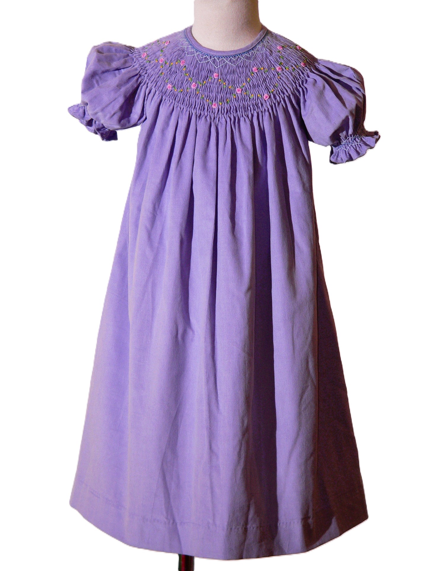 Purple Corduroy Geo Smocked With Roses Short Sleeve Bishop Dress