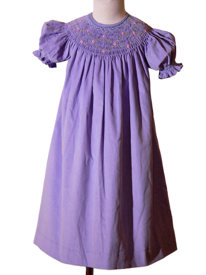 Purple Corduroy Geo Smocked With Roses Short Sleeve Bishop Dress