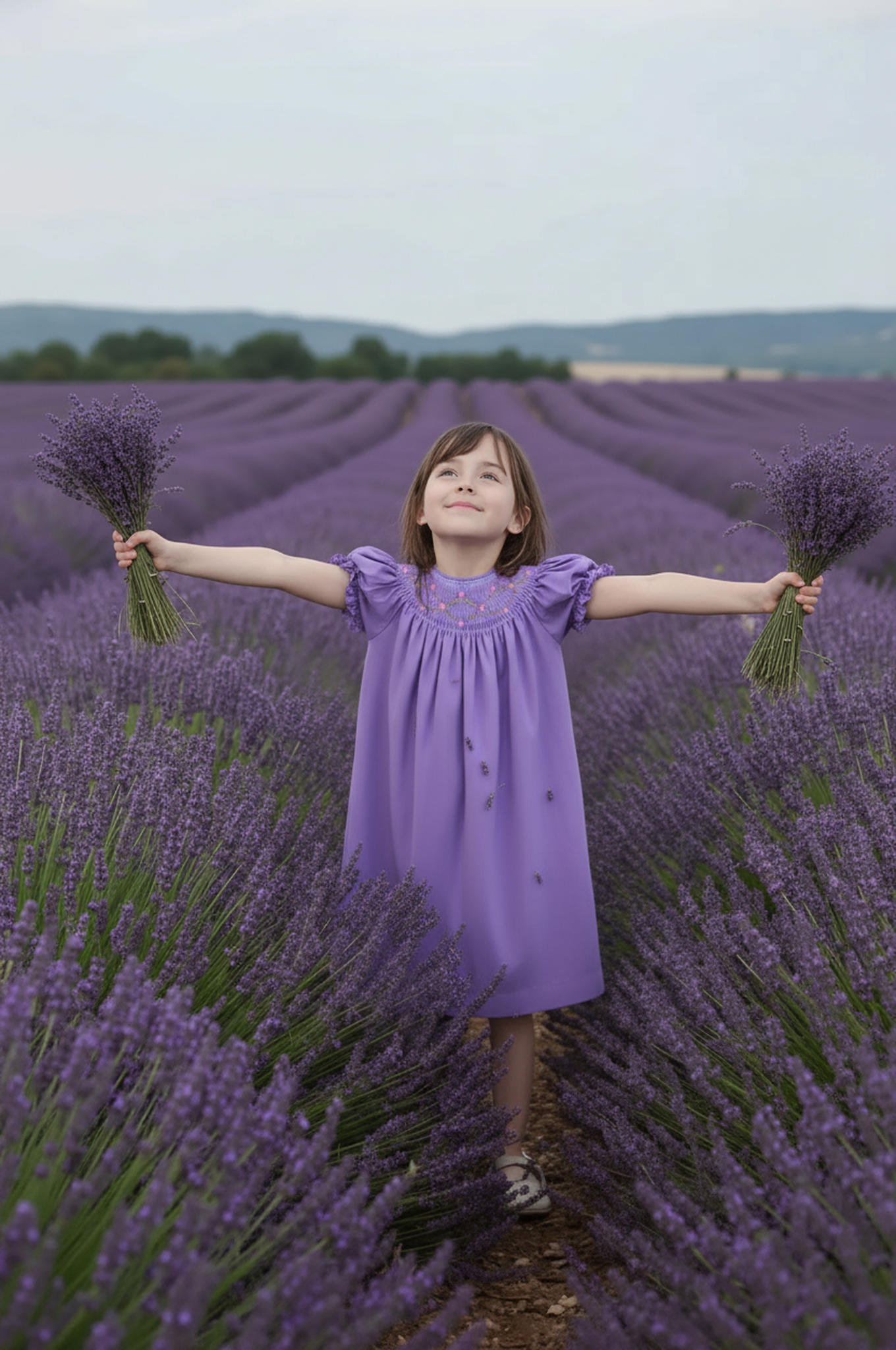 Purple Corduroy Geo Smocked With Roses Short Sleeve Bishop Dress