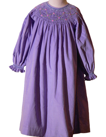 Purple Corduroy Geo Smocked With Roses Long Sleeve Bishop Dress