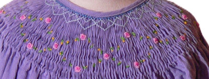 Purple Corduroy Geo Smocked With Roses Long Sleeve Bishop Dress