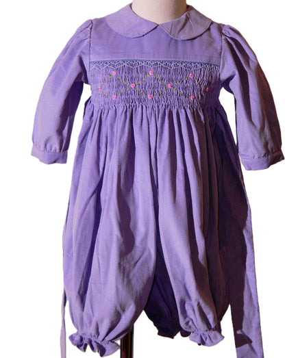 Purple Corduroy Geo Smocked With Roses Short Sleeve Bishop Romper