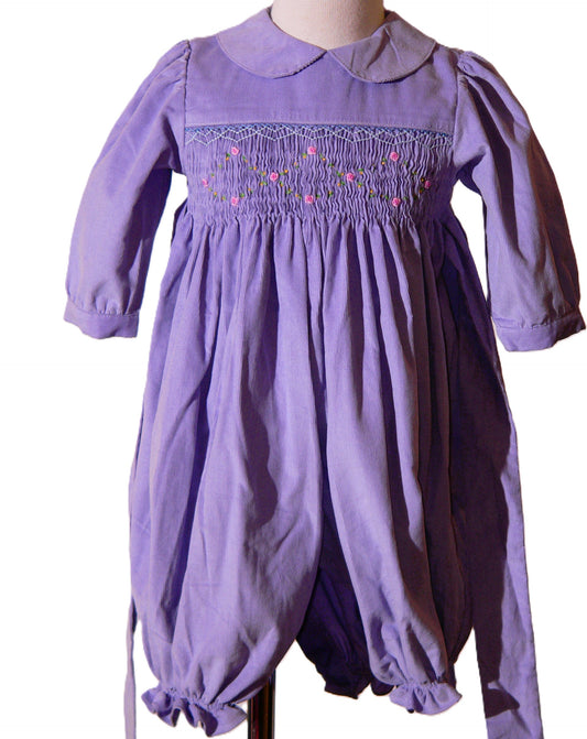 Purple Corduroy Geo Smocked With Roses Short Sleeve Bishop Romper