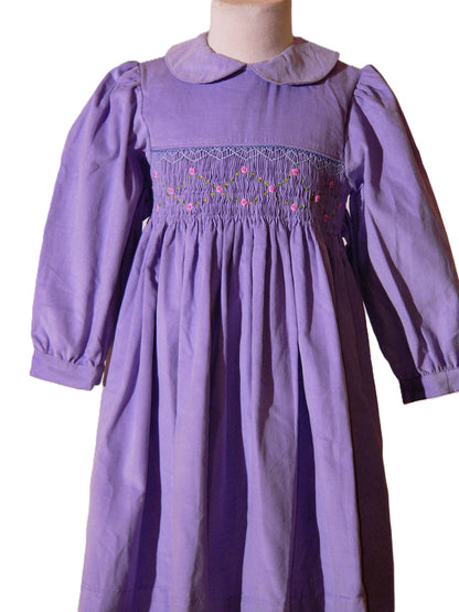 Purple Corduroy Geo Smocked With Roses Short Sleeve Bishop Dress