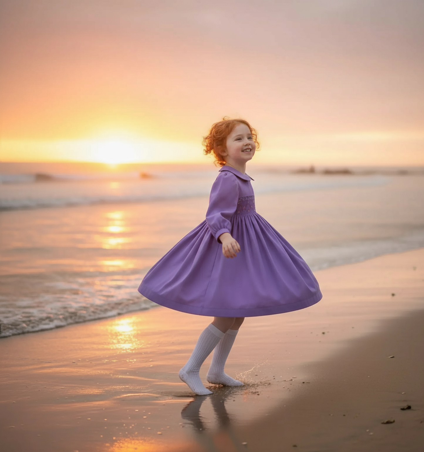 Purple Corduroy Geo Smocked With Roses Short Sleeve Bishop Dress