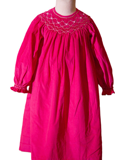 Hot Pink Corduroy Geo Smocked Long Sleeve  Bishop Dress With Roses