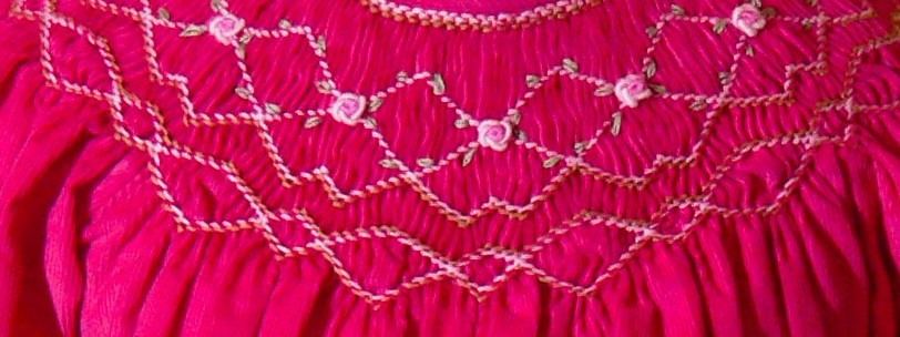 Hot Pink Corduroy Geo Smocked Long Sleeve  Bishop Dress With Roses