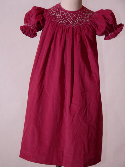Pink Corduroy Geo Smocked With Roses Short Sleeve Bishop Dress