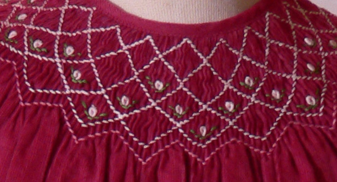 Pink Corduroy Geo Smocked With Roses Short Sleeve Bishop Dress