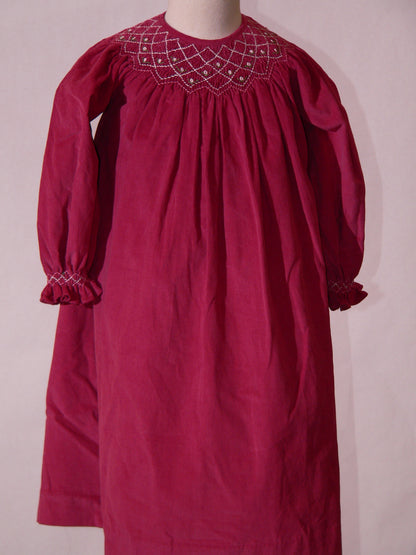 Pink Corduroy Geo Smocked With Roses Long Sleeve Bishop Dress