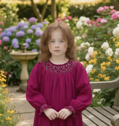 Pink Corduroy Geo Smocked With Roses Long Sleeve Bishop Dress