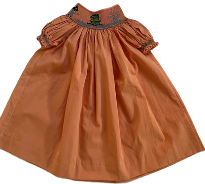 Orange HAUNTED HOUSE Smocked Short Bishop Sleeve Dress