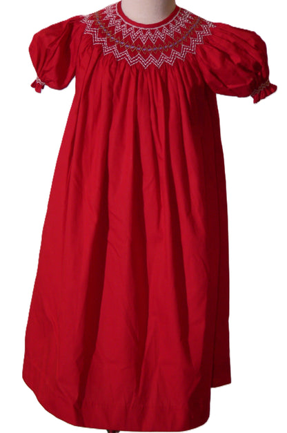 Red Pearl Geometric Smocked With Short Bishop Sleeve Dress