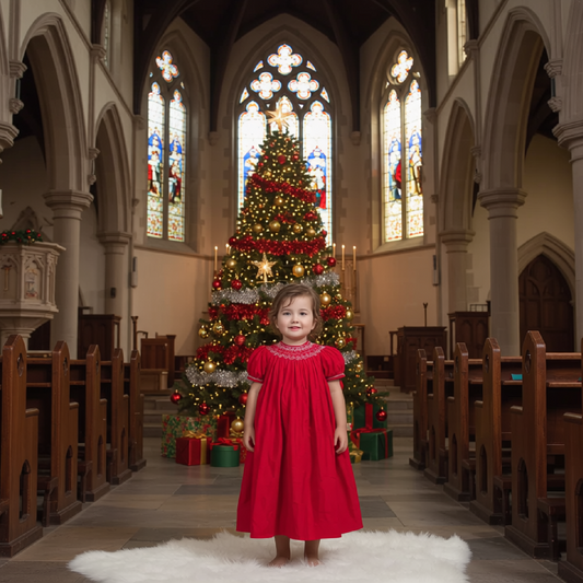 Red Pearl Geometric Smocked With Short Bishop Sleeve Dress