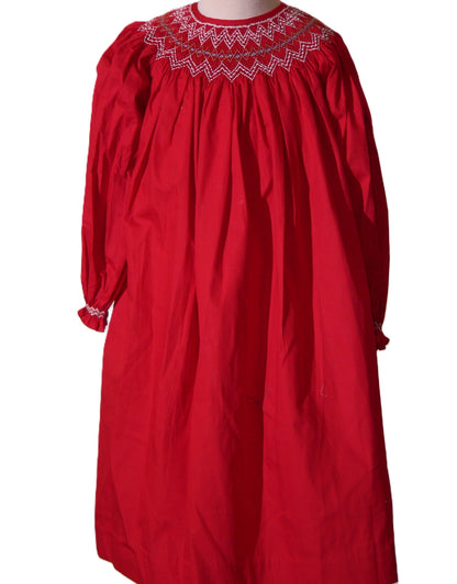Red Pearl Geometric Smocked With Long Bishop Sleeve Dress