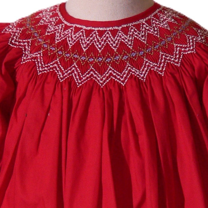 Red Pearl Geometric Smocked With Long Bishop Sleeve Dress