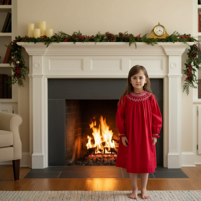 Red Pearl Geometric Smocked With Long Bishop Sleeve Dress