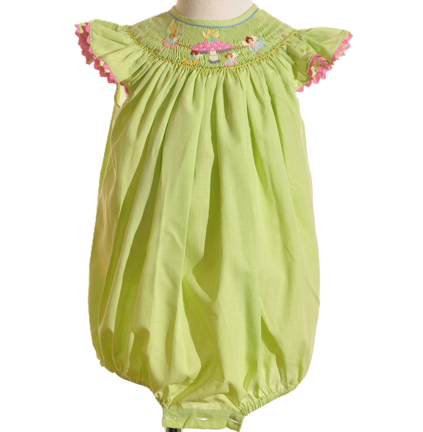 Green Gingham Mushroom Faries Smocked Angel Wing Bubble
